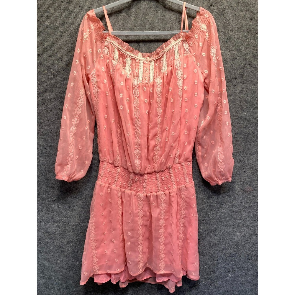 Free People Coral Pink Embroidered Boho Mini Dress Smocked Waist Sheer Sleeve M